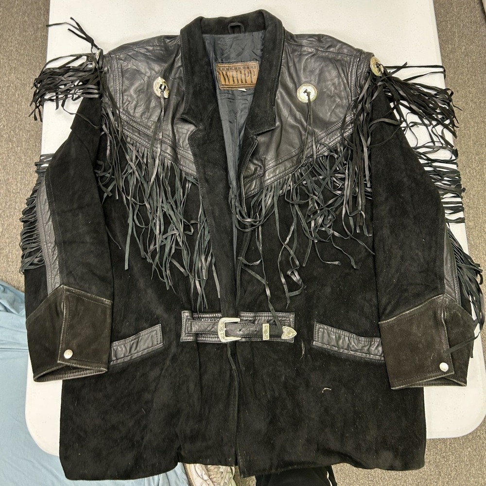 Whipp Fringe Leather Jacket Mens Large Black Suede Concho Western Biker E3